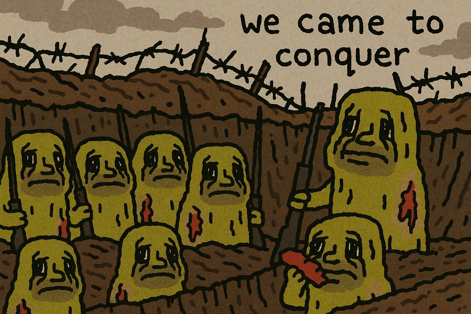 a squad of $ROT guys standing in a muddy trench holding rifles. text: we came to conquer