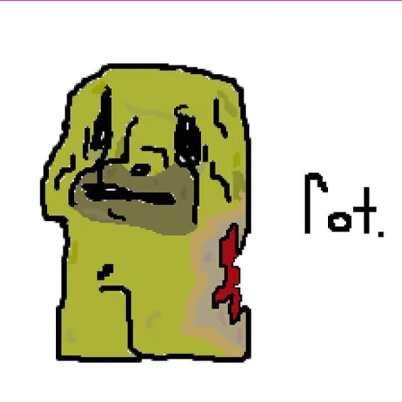 the $ROT guy. olive green. sad. has seen things. the word 'rot.' beside him.